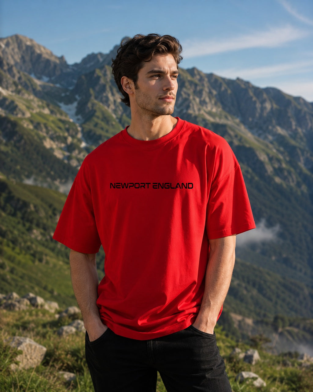 A man wearing a bright red t-shirt with 'NEWPORT ENGLAND' printed in black across the chest, standing outdoors against a backdrop of green and gray mountains under a blue sky.