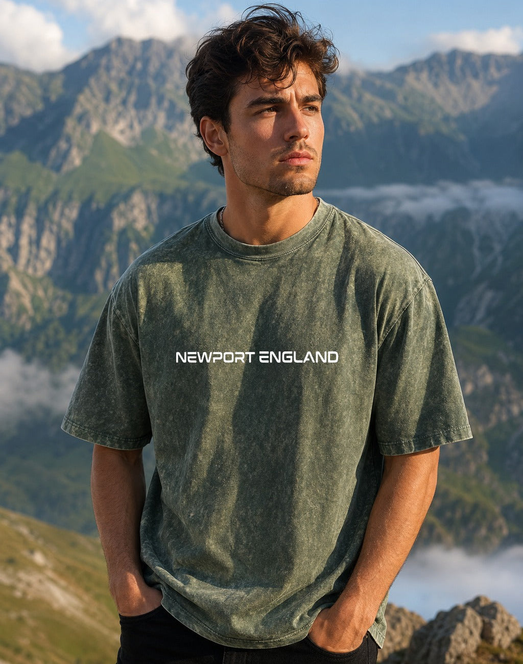 A man wearing a mineral-washed green t-shirt with 'NEWPORT ENGLAND' printed in white across the chest, standing outdoors against a backdrop of mountains and clouds.