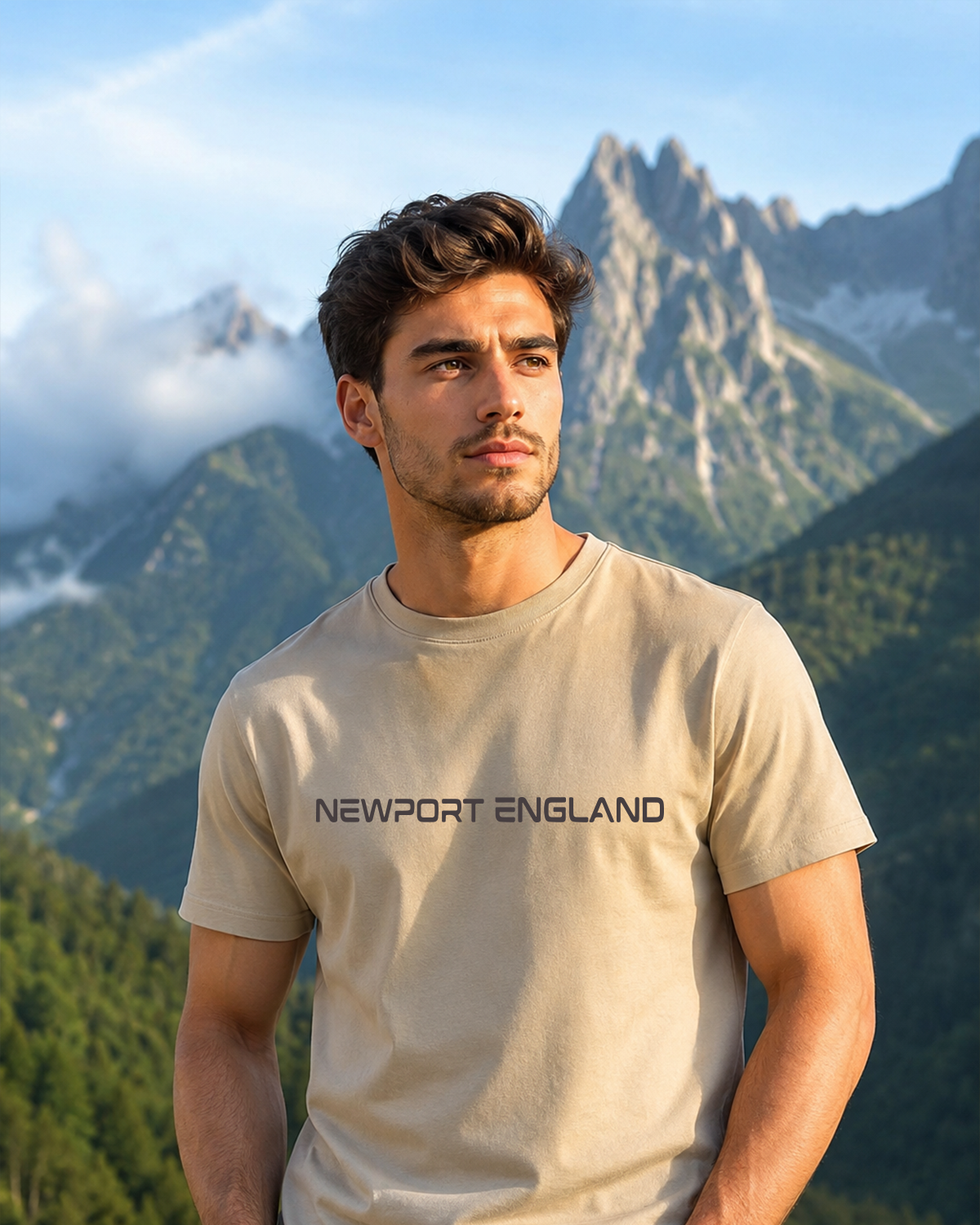 Newport England Men’s Sand Beige Signature Logo T-Shirt